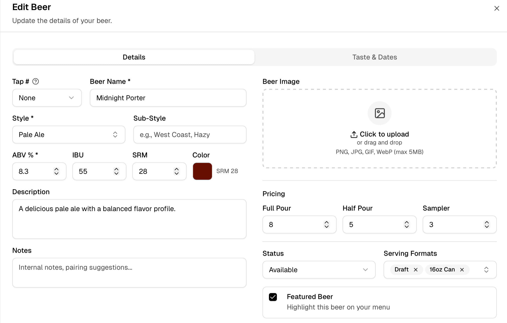 Screenshot of beer management table/dashboard with columns for name, style, ABV, and price